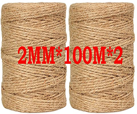 Natur Juteschnur Kordel, 2mm x 100m*2pcs Juteseil, Reißfest Juteschnur braun, Hanfseil für DIY Kunstgewerbe Gartenschnur, Paketschnur, Sisalseil für Kratzbaum, Fotowand Bilderrahmen mit Schnur