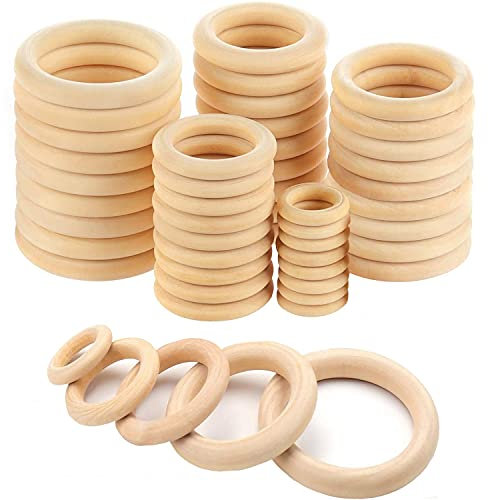 Holzring, 50 Stück Natürlich Holz Ringe Holzringe zum Basteln Hölzern Kunst Unvollendete Ring Kreis Holzringe für DIY Schmuck Herstellung Makramee Handwerk Baby Spielzeug 5 Größen
