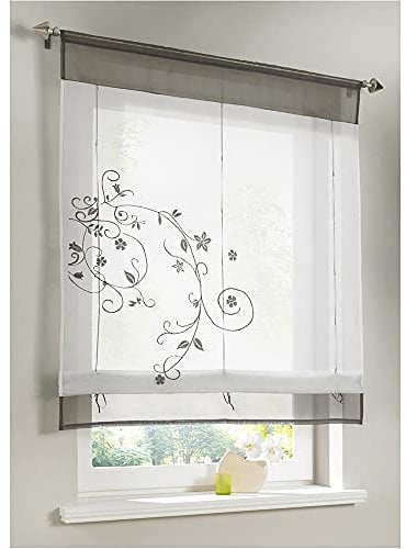 SMITHOOM Roman Blinds for Kitchen Sheer Voile Roman Curtain Rod Pocket with Flower Embroidered for Bedroom Living Room Balcony Bathroom Laundry Room Grey 80x100cm