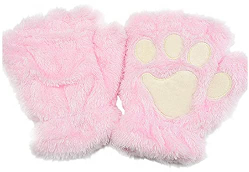Topgrowth Damen-Handschuhe, Kawaii, Katzenhandschuhe, Plüsch, Kunstpelz, Cosplay, Katzenhandschuhe, Handschuhe ohne Finger, Mädchen, Halbfingerhandschuhe aus Stoff, Rosa, Einheitsgröße