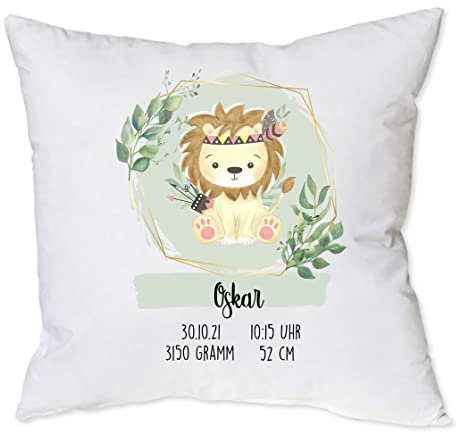 minimutz Kissen zur Geburt mit Namen personalisiert | Motiv Löwe Indianer Boho mit Geburtsdaten 40 x 40 cm | Geschenk Geburt Taufe Deko-Kissen für Baby-Zimmer (weiß/Mokka) inkl. Füllung