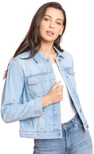 Roman Originals Jean Denim Jacket for Women UK - Ladies 100% Cotton Summer Casual Stretch Crop Smart Utility Trucker Biker Fitted Vintage Wash Faded Classic Jeans Work - Light Blue - Size 12