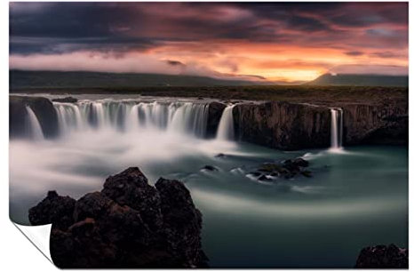 Panther Print Fine Art Prints Godafoss Misty Waterfall & Orange Sky Kunstvolle ungerahmte Poster, Bilder für Zuhause, Wände, Schlafzimmer, Wohnzimmer & Badezimmer, Dekoration, 46 x 31 cm