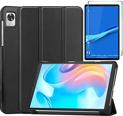 Brifu Compatibile con Realme Pad mini 8,7,Cover Protettiva Ultra Sottile PU di con Funzione di Supporto,Custodia nero+ 1x pellicola protettiva in vetro temperato