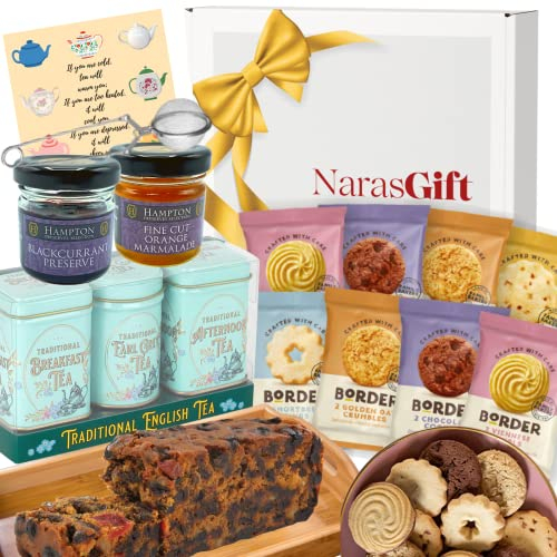 Biscuits Gift Set and English Tea Gift Set - Breakfast Tea, Afternoon Tea, Earl Grey Tea, 8x 2 Pack Border Biscuits, Fruit Cake, Jam Preserve - Food Hamper for Couples, Birthday Hampers for Women, Men