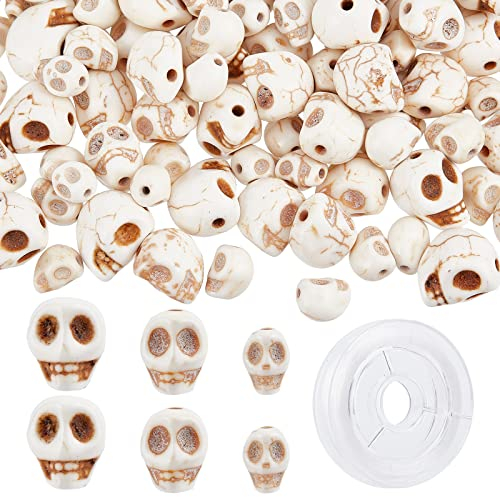 SUNNYCLUE 1 Box 200 Stück 3 Größen Totenkopf Perlen Bulk Skelettkopf Perle Synthetische Türkis Edelsteine Halloween Perlen Für Die Schmuckherstellung Perlensortiment Perlen Armband Kit Weiße Steine Ha