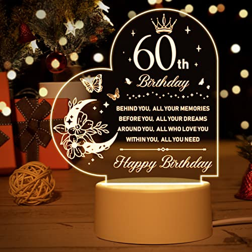 Vetbuosa 60th Birthday Gifts for Women and Men, 60 Years Old Birthday Gifts Night Light, 1965 60th Birthday for Grandma, Grandad, Mum, Dad, Husband, Wife Birthday Night Lamp
