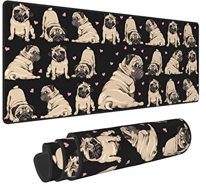 Pug Cute Black Cool FUUNY Dog Love Mouse Pad XL Extended Desk Mat, Non Slip Rubber Base Stitched Edge Gaming Pc Desktop Large Mice Pad,31.5 X 11.8 Inch