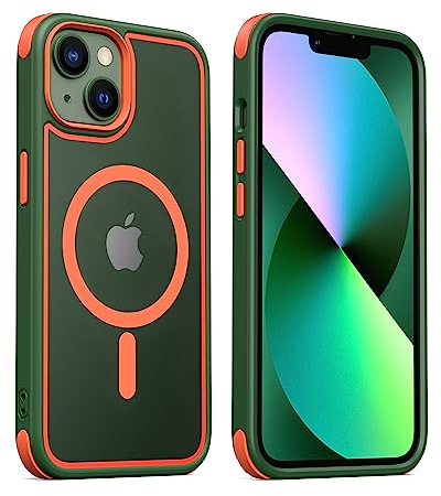 MobNano cover for iPhone 13/14 magnetica, compatibile con MagSafe, cover magnetica colorata per iPhone 13/14, Protezione Antiurto di Livello Militare, Retro Resistente ai Graffi - Verde/Arancione
