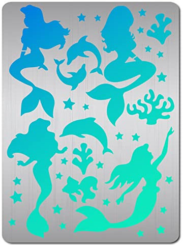 GORGECRAFT 14x19cm Meerjungfrau-Metal-Tagebuch-Schablonen Delphin Edelstahl-Stanzformen Schablone Wiederverwendbar Ozean Stern Seetang Korallenfisch Schablonenwerkzeug Für Scrapbook Malerei Möbel