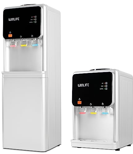 WINLIFE® Elektrischer Wasserspender Mini + Wasserspender Groß Silber Wasserspendergerät mit Kindersicherung Knopf, Trinkwasserspender für heiße & kalte Getränke 5 bis 20 Liter, 3 Temperaturstufen