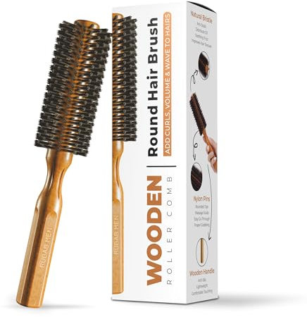 RUBAB MEN Premium Round Hair Comb with Natural Bristles + Soft Scalp Massage Pins + Sturdy Wooden Handle| Roller Hair Brush for Straightening, Volume, Curls, Blow Drying & Styling for Men & Women