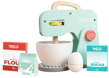 Owl & Fox Wooden Baking Set, Pretend Play Toy Kitchen Appliance, Baking Mixer Set with Accessories; Kitchen Role Play for Ages 3+ , Dimensions 20x12x23 cm, Turquoise