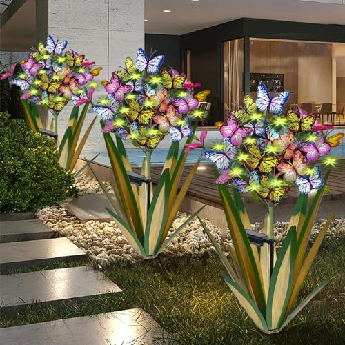 Escultura Solar de Metal para jardín con diseño de Mariposa de Agave, Regalo al Aire Libre, Luces de Navidad, Mariposa oscilante, Girasol, estatuas solares para Exteriores (3 Unidades, Verde Claro)