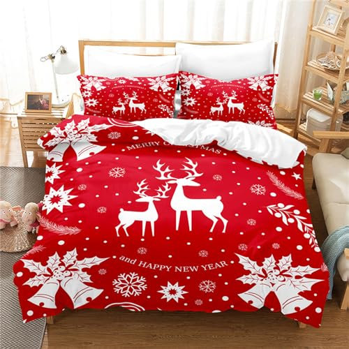 OaKita Weihnachten Bettwäsche Set Elch Muster Rot Schneemann Rentier Bettbezug 3 teilig Weiche Mikrofaser Bettwäsche Set mit 2 Kissenbezug 80x80 cm (A01,155x220cm/80x80cm)