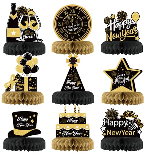 HONMOK 9pcs Neujahr Bienenwabe Mittelstück 2025 Silvester Party Tischdeko Silvester Schwarz Gold Neujahr Waben Ornamente Tischaufsätze für Neujahr Happy New Year Party Tischdekoration