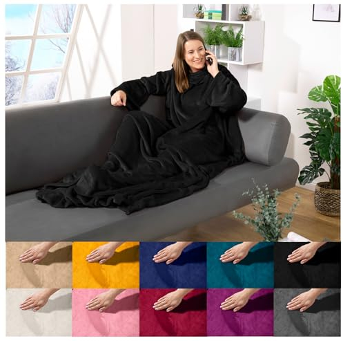 heimtexland ® Ärmeldecke TV Kuscheldecke mit Ärmeln Taschen Fußsack Super Soft Flanell tragbare Decke Ganzkörperdecke Typ870 Schwarz 200x170 cm