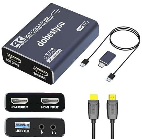 dobestyou 4K-Audio-Video-Capture-Karte mit HDMI-Kabel, USB 3.0, Full HD 1080P für Spielaufnahmen, Live-Streaming-Übertragung