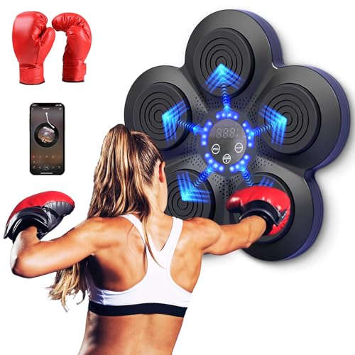 Warmfunn Machine de Boxe Musicale, Appareil électronique Portable Mural à Domicile, Smart Bluetooth Music Boxeur, Cadeau (Noir+Lumière Bleue+Gants Adultes)