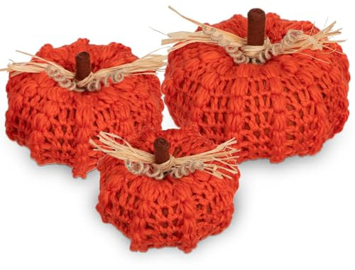 Hollyone Décorations d'automne – Lot de 3 grandes citrouilles artificielles en tricot épais – 17,8 cm / 16 cm / 14,9 cm – Décorations d'Halloween d'intérieur – Rouge et orange