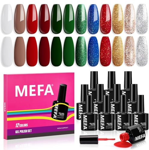 MEFA UV Nagellack Set, Gel Nagellack UV Set 12 Farben Weiß Rot Grün Schwarz Glitzer Gold UV Gel Nagellack Soak-Off UV Shellac Nagellack für Anfänger DIY Nailart zu Hause Winter Weihnachten, 7 ML