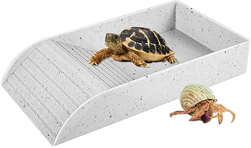 Eummy Tortoise Water Dish Tortoise Bath Dish Anti Slip Reptile Pool Bowl with Ramp Reptile Feeding Box Dish Plastic Turtle Food and Water Bowl Tortoise Accessories for Basking Feeding Bathing (White)