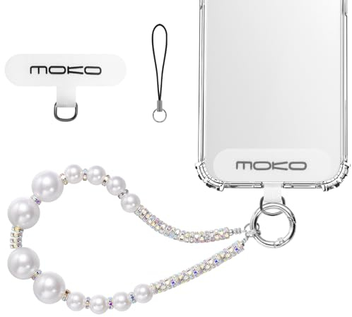 MoKo Cordón Correa para Teléfono, Pulsera de Perlas para Móviles, Correa de Muñeca para Teléfono Celular, Cadena de Teléfono de Perlas, Correa de Llevar Móvil para iPhone y Mayoría de Móviles, Blanco