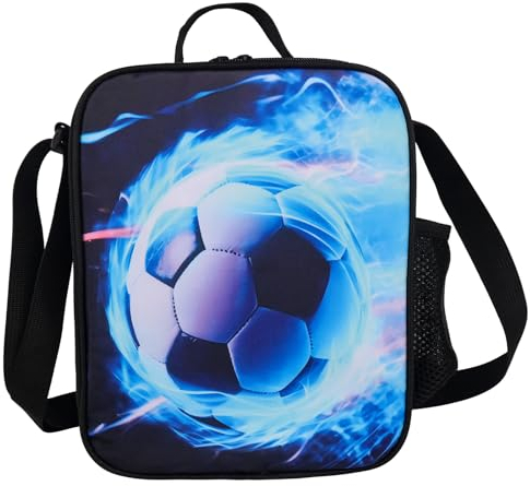 Lotvic Football Lunch Box Bag, Insulated Lunch Bag for Kids Boys Girls, Reusable Tote or Crossbody Childrens Lunch Box with Drink Bottle Holder for School Picnic Travel Hiking Camping