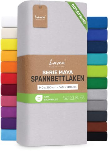 Lavea® Spannbettlaken 140-160x200 cm - für Boxspringbett – Silber | Jersey Spannbetttuch mit 40 cm Steghöhe, 100% Baumwolle, weich, atmungsaktiv, pflegeleicht, formstabil – Perfekte Passform