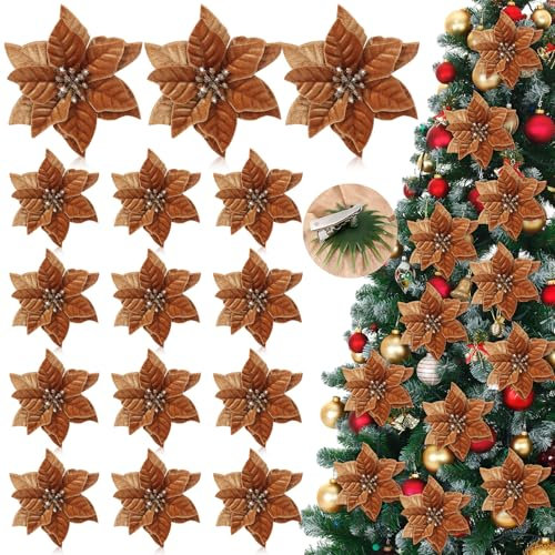 Thiccywoov 12 fiori di stella di Natale artificiali neutri in velluto, 15 cm, finta stella di Natale, ornamenti per albero di Natale, decorazioni per matrimoni (marrone)