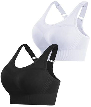 Litherday Sport BH Damen Push Up Sports Bra Starker Halt Sport BH Ohne Buegel mit Abnehmbar Gepolstert für Fitness Jogging Yoga, Schwarz+Weiß, XL
