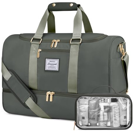 LOVEVOOK Sporttasche Reisetasche Damen, Weekender Travel Bag mit Kulturtasche, Schuhfach & Nassfach, Wasserdicht Strandtasche Schwimmtasche Saunatasche, Handgepäck Tasche für Sport Urlaub, Grün