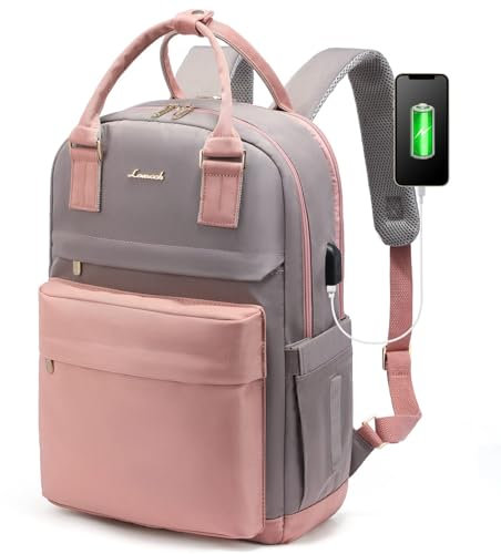 LOVEVOOK Laptop Backpack Womens, 15.6 Inch School Bags for Women Waterproof Computer Rucksack with USB Port for Travel Business College Work, Gray Pink