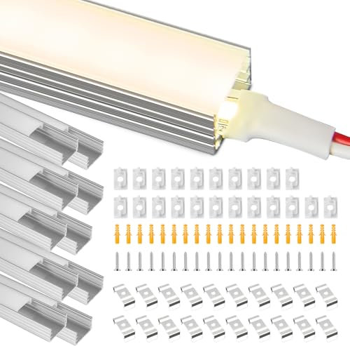 BRIMETI LED Profil Aluminium für LED Strip Streifen 10mm Breite, 10x 1M U-Form Kanal Schiene Eckprofil Aluminiumprofil Leisten, mit Milchiger Weiß Abdeckung Endkappen und Montageklammer