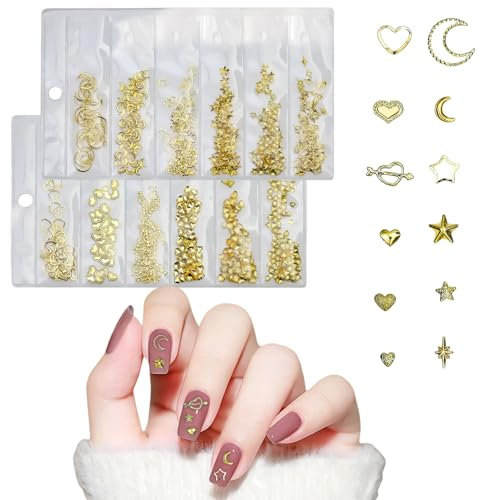 Gold Star Nail Charms, 600 Pcs Moon Hearts Nail Art Charms Nail Studs Punk Metal Rivet Stickers Nail Jewels 3D Nail Art Decorations Accessories for Women Girls Nail Design DIY Crafts (Gold)