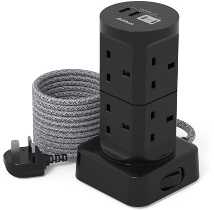 Addtam Tower Extension Lead with USB Slots(13A 3250W), 1.8M Extension Cable | 8 Way Multi Plug Extension Tower & 4 USB Ports(2USB-C & 2USB-A), Extension Lead tower for Home Office School Supplies (Black)