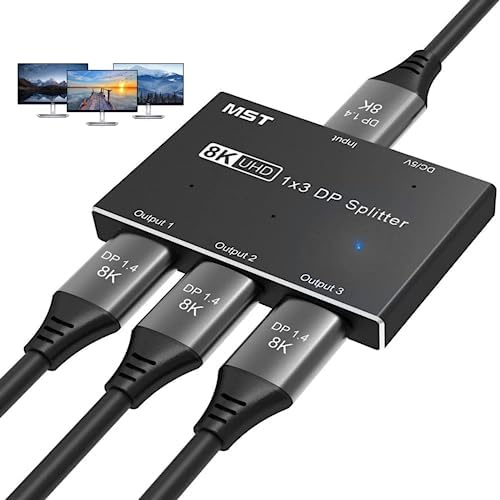 DisplayPort Splitter 1 IN 3 Out, DisplayPort 1.4 MST SST Hub Splitter 8K@30Hz 4K@144Hz DP zu DP Videokonverter für Grafikkarte mit MST Funktion (nur Windows PC)