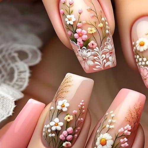 24pcs Long Press on Nails Coffin False Nails Pink Fake Nails Oil Painting Flower Stick on Nails Removable Glue-on Acrylic Nail Tips Spring Summer Accessories for Women