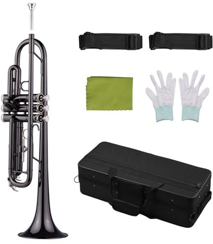 Anfänger -Trompete mit Reinigungsset, Messing Plattiert Schwarze BB -Trompete Set mit Hard -Case -Gurten Mundstückhandschuhe Polierstoff für Schüler