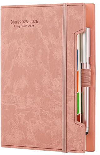 Agenda accademica 2025-2026, formato A5, agenda giornaliera 2025-2026, da luglio 2025 a giugno 2026, agenda giornaliera 12 mesi, con copertina rigida, penna, anello per penna, adesivi (rosa)