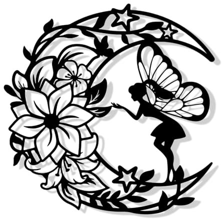YunBey Wanddeko Schwarz Metall Mädchenzimmer Deko Mond Blumen Feen Metall Deko Kinder Wandskulpturen für Mädchen Kinderzimmer Garten Fenster (30 x 30 cm)