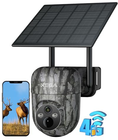 Xega 4G LTE Cellular Wildlife Camera with SIM Card, 2K PTZ Solar Powered Trail Camera Outdoor Wireless, No WiFi Game CCTV Cam with Night Vision Live Streaming Motion Detection 0.2s Trigger Time, IP66