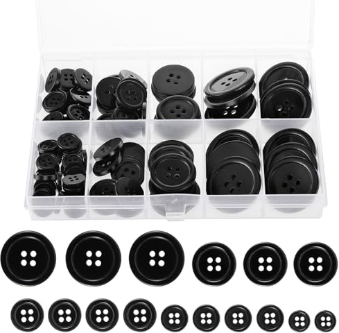 Coptiner Runde schwarze Knöpfe, Set mit Aufbewahrungsbox, Kunstharz, 4 Löcher, 5 Größen, gemischte Nähknöpfe zum Basteln, Nähen, Ersatz, Stricken, DIY-Dekoration, 100 Stück