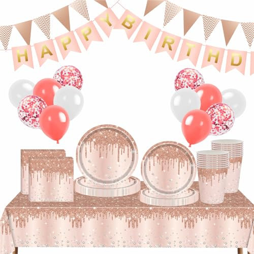 83pcs Rose Gold Diamond Theme Disposable Party Tableware Set | Glitter Rose Gold Paper Plates, Cups, Napkins, Tablecloth, Banner & Balloons | Elegant Dinnerware for Women & Girls Birthdays, Weddings