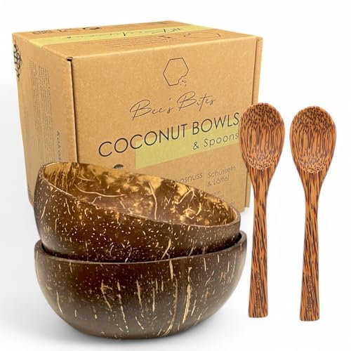 vienberg Bee's Bites Coconut Bowl Set - 2 x Coconut Bowl + 2 x Spoons - Handmade, Vegan, Natural, Chemical-Free, Plastic-Free - Perfect for Smoothie Bowls, Breakfast & Snacks