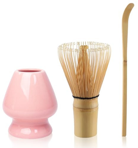 Matcha Tea Set Matcha Whisk, Ceramic Whisk Holder, Tea Scoop, Japanese Matcha Tea Tool Kit Set of 3(Pink)