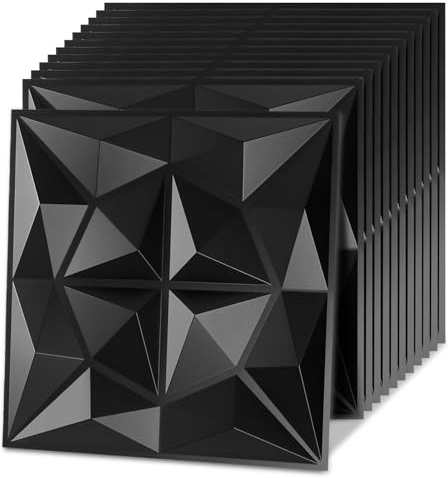 Jaxguom 3D Wandpaneele Diamant 12 Stück 30 x 30 cm (1.08m²), 3D Wall Panels Hochsteifes PVC Wanddeko Platten, Nicht Verformbar, Wasserfest, Hitzebeständig, Matt Schwarz