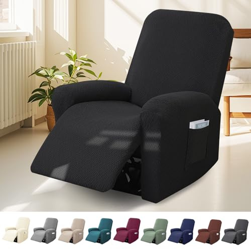 BOUFEIDA 4-Teilig Sessel Überzug, 1-Sitzer Sesselschoner mit Taschen | All-Inclusive Streifen-Jacquard Sesselschoner für Fernsehsessel Relaxsessel Sesselhusse, Anti-Rutsch & High Stretch