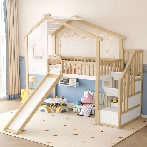 Oxtao Kinderbett 90x200cm, Etagenbett mit Kinderrutsche und Stauraumleiter, Hochbett mit Rausfallschutz & Fenster, Hausbett für Jungen & Mädchen, Kiefernholz, Weiß+Natur (Weiß+Natur, 90x200CM)