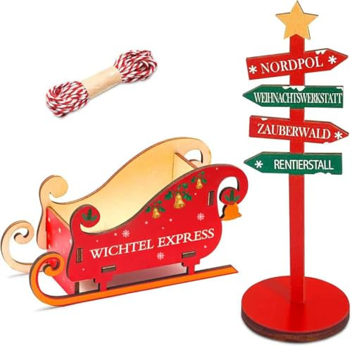 Keadrsa wichtel zubehör Set mit Holzschlitten für die Wichteltür, Schild, Kordel, Schablone, Deko für Advent und Weihnachten